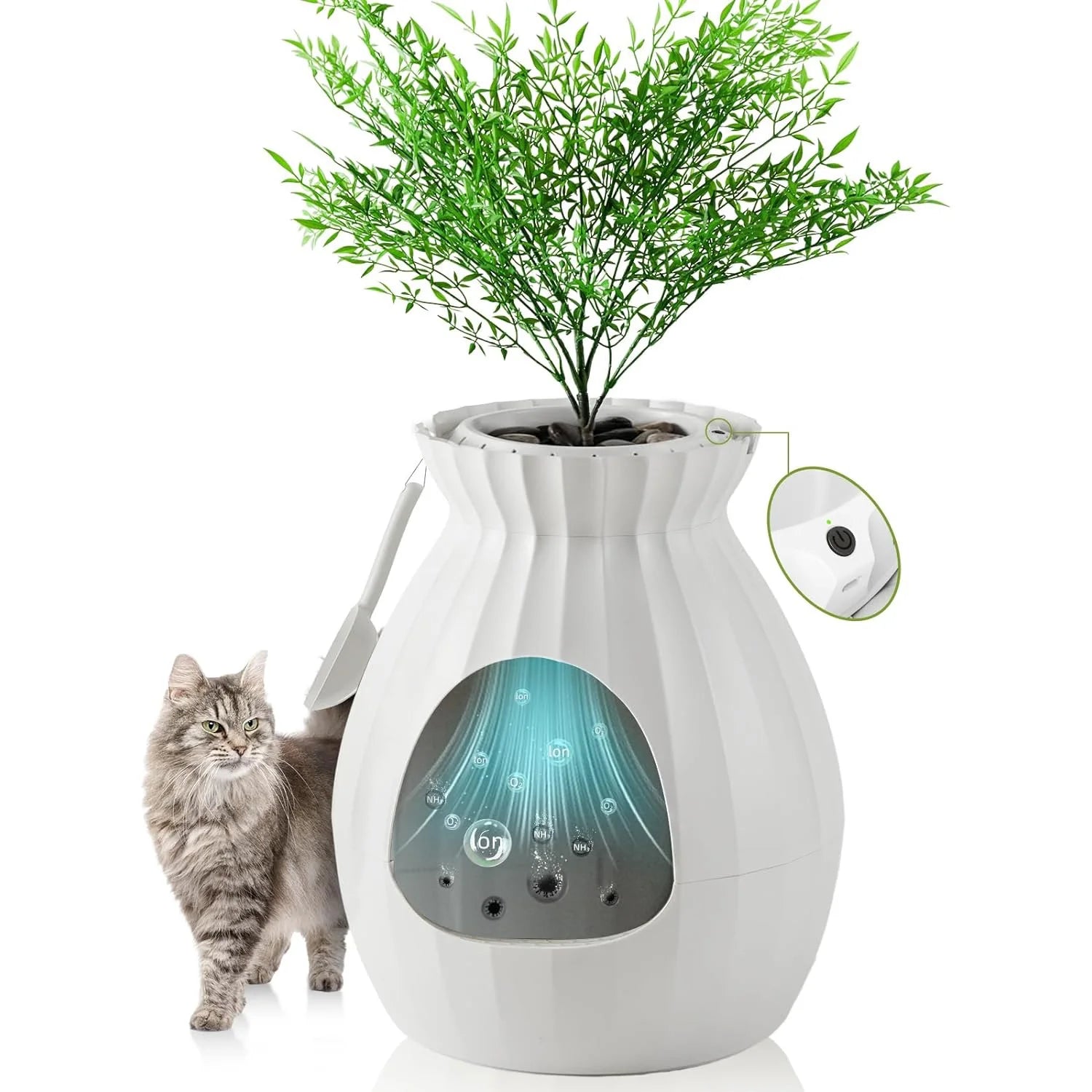 Petterm Hidden Litter Box Enclosed Plant Litter Box with Odor Removal & Sterilization System, Large Cat Litter Box Furniture with Reusable Leak Proof Liner and Scoop, White