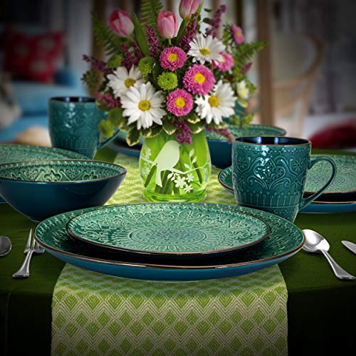 Round Stoneware Embossed Dinnerware Dish Set, 16 Piece, Ocean Teal and Green L486765