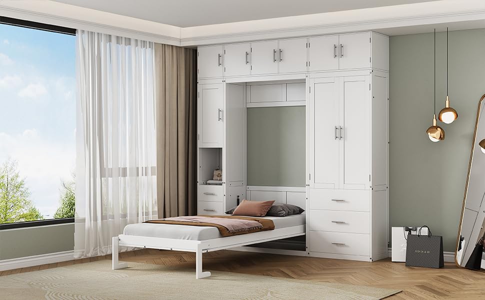 Twin Size Murphy Bed Frame with Lockers and Wardrobes O928