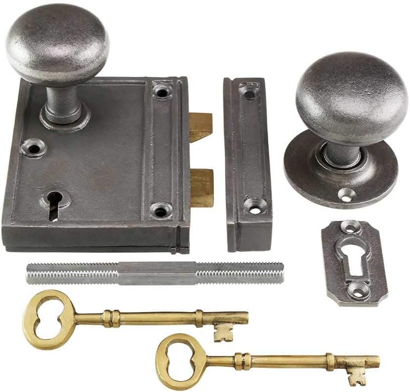 House of Antique Hardware R-01HH-1023V-C153-MB Cast Iron Vertical Rim Lock Set with Small Iron Knobs in Matte Black