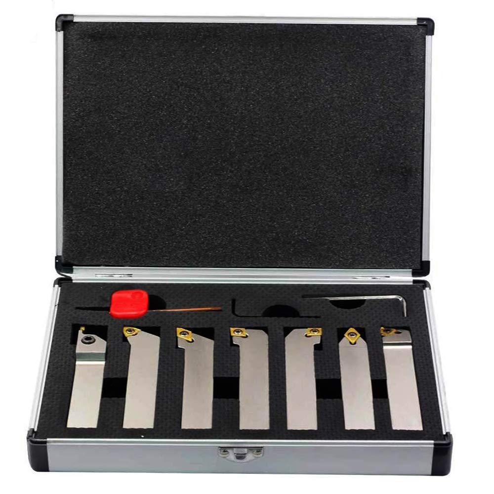 OSCARBIDE 3/4"Shank 7 Pieces/Set Indexable Lathe Turning Tool Holder,Metal Lathe Tools CNC Heavy-Duty Nickel Plated for Turning Grooving Threading Cut Off Holders Set,Tin Coated Carbide Inserts