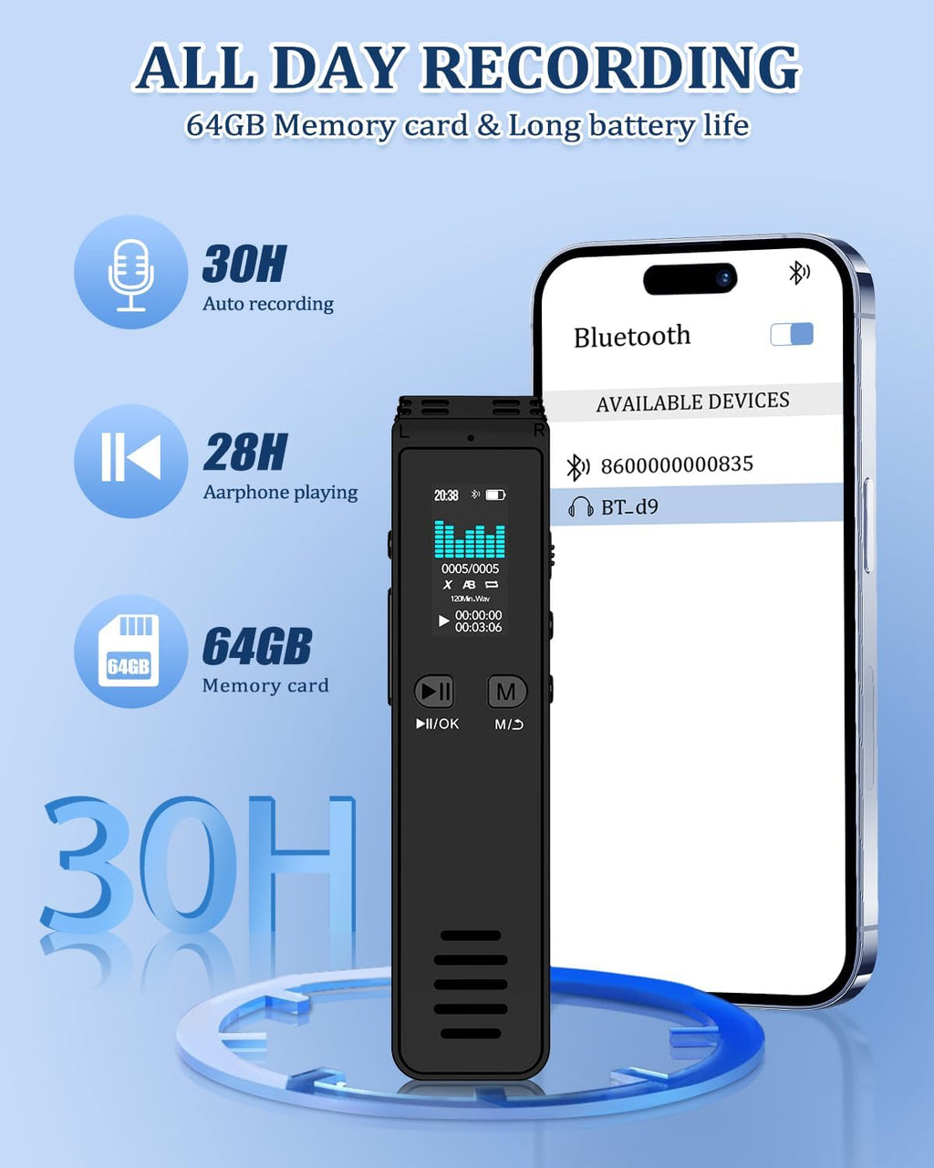 64GB Bluetooth Voice Activated Recorder for Lectures Meetings H851936