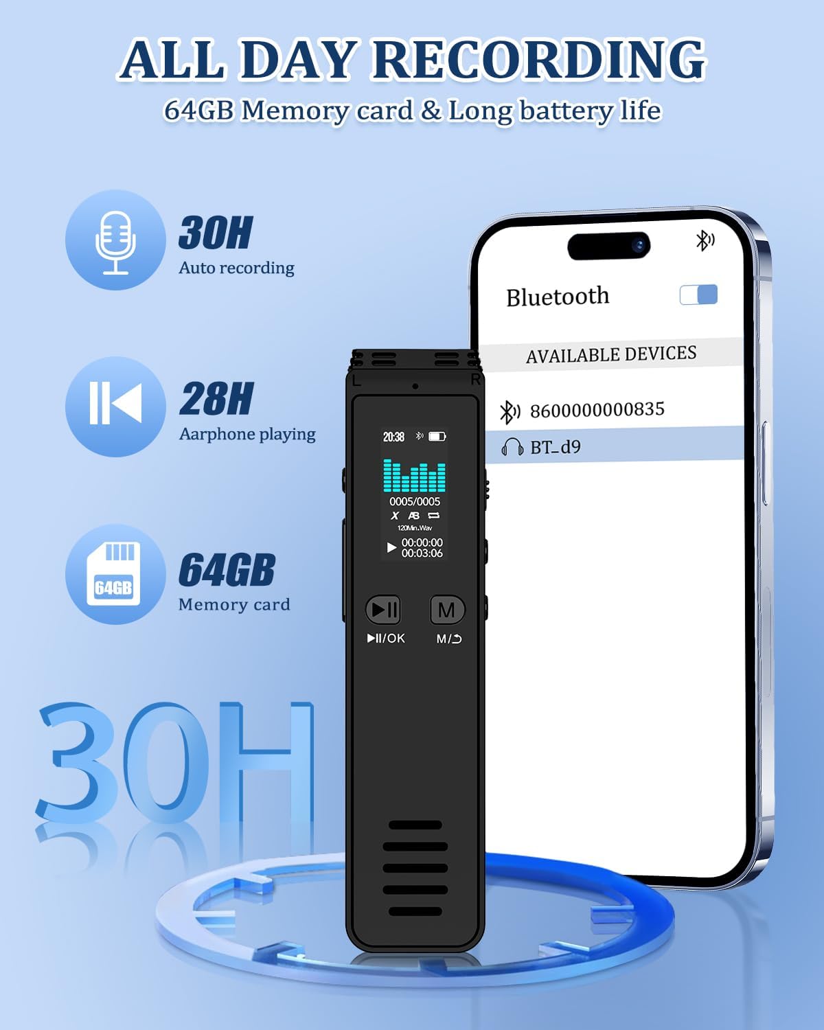64GB Bluetooth Voice Activated Recorder for Lectures Meetings H851936
