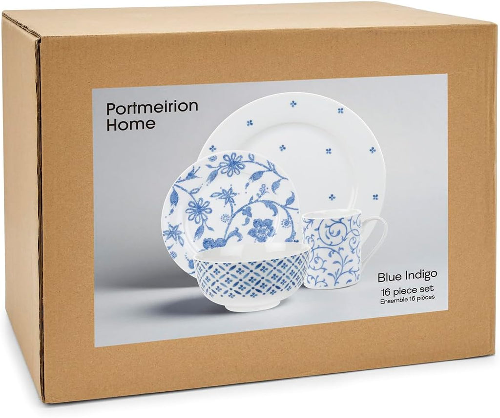 Blue Indigo Dinnerware Set 16 Piece Porcelain, Floral Design, Service for 4 M231528