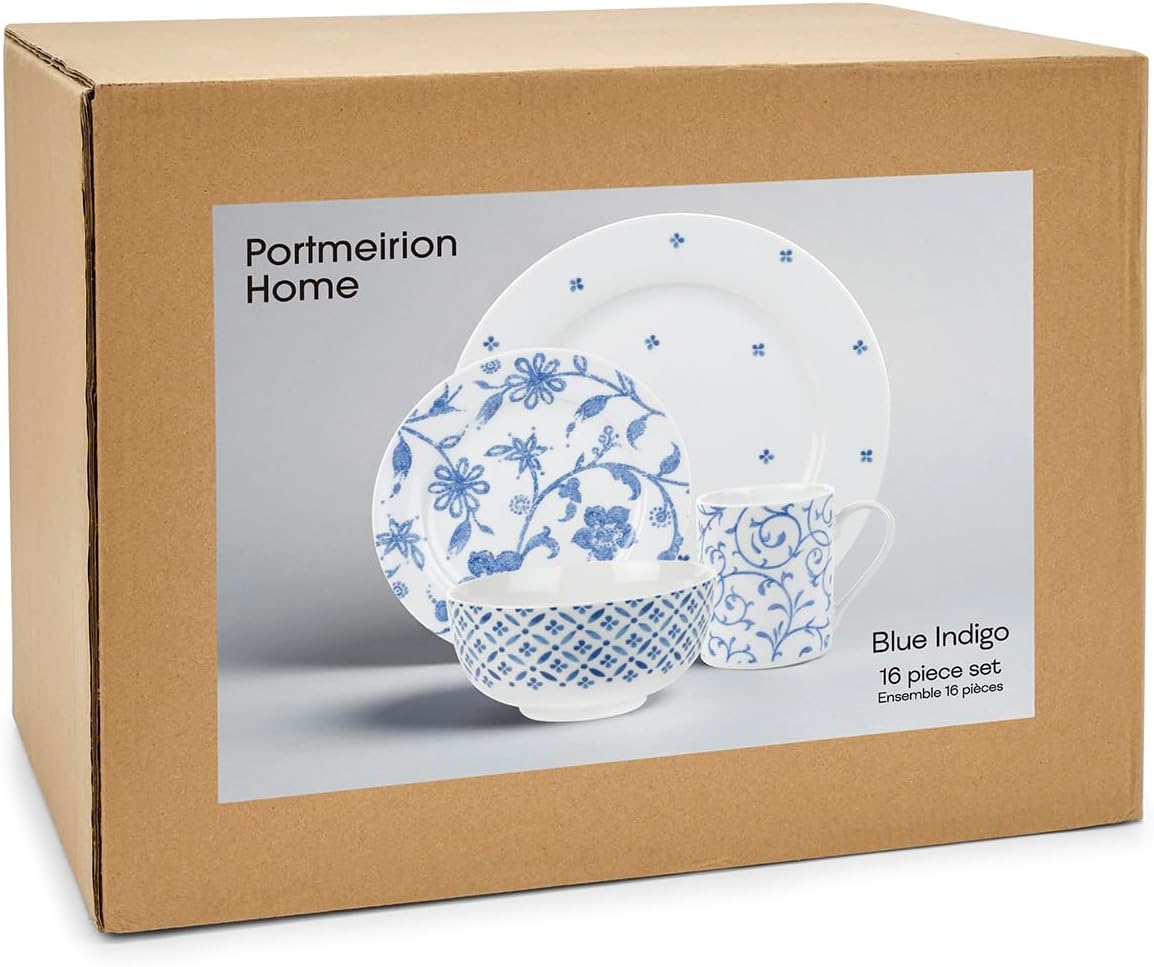 Blue Indigo Dinnerware Set 16 Piece Porcelain, Floral Design, Service for 4 M231528