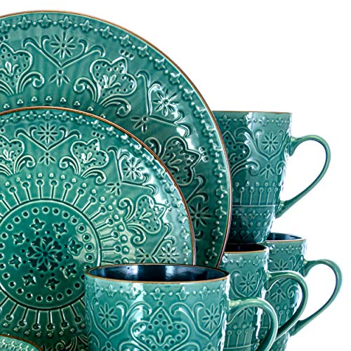 Round Stoneware Embossed Dinnerware Dish Set, 16 Piece, Ocean Teal and Green L486765