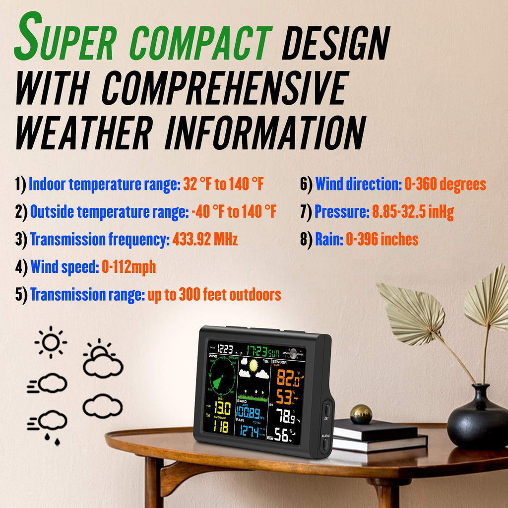 Wireless Weather Station with Outdoor Sensor, 8-in-1 Forecast, Temperature, Humidity, Wind & Rain Gauge U20300