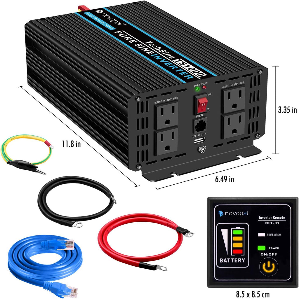 Power Inverter Pure Sine Wave 1000W 24V to 110V AC Converter with 4 Outlets and Remote Control J12881