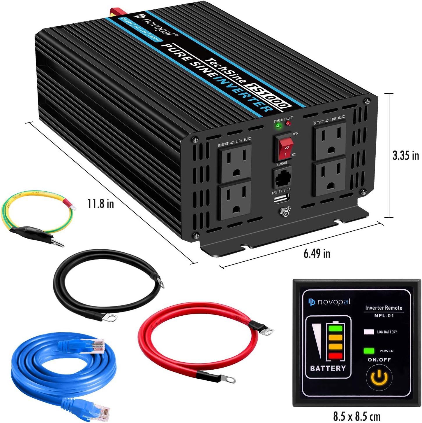 Power Inverter Pure Sine Wave 1000W 24V to 110V AC Converter with 4 Outlets and Remote Control J12881
