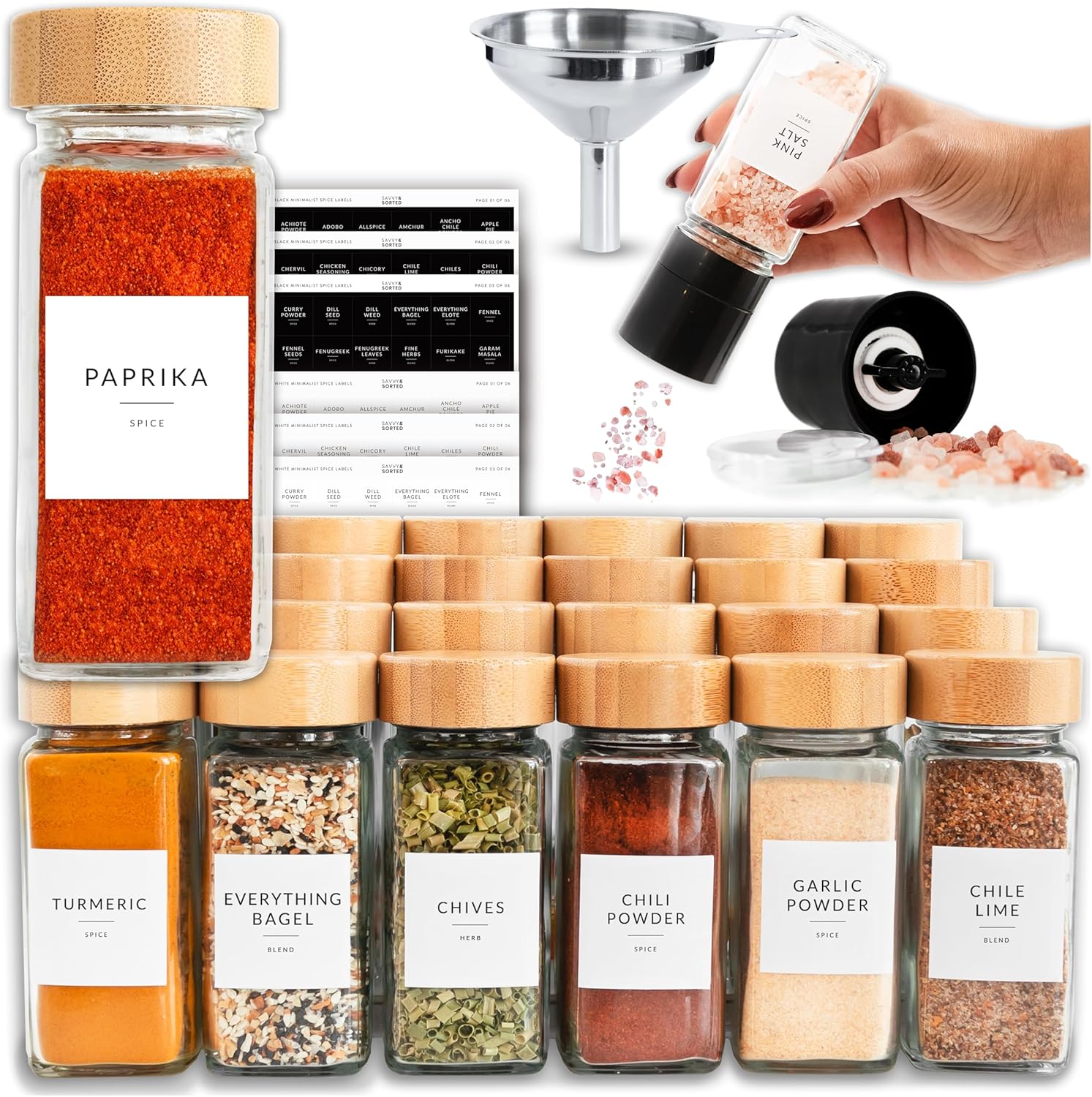 24 Glass Spice Jars with Label, Bamboo Spice Jar Set 4oz Seasoning Containers with Labels, Pepper Grinder, 374 Spice Labels, Spice Bottles Funnel, Empty Spice Jars and Shaker Lids Spice Containers