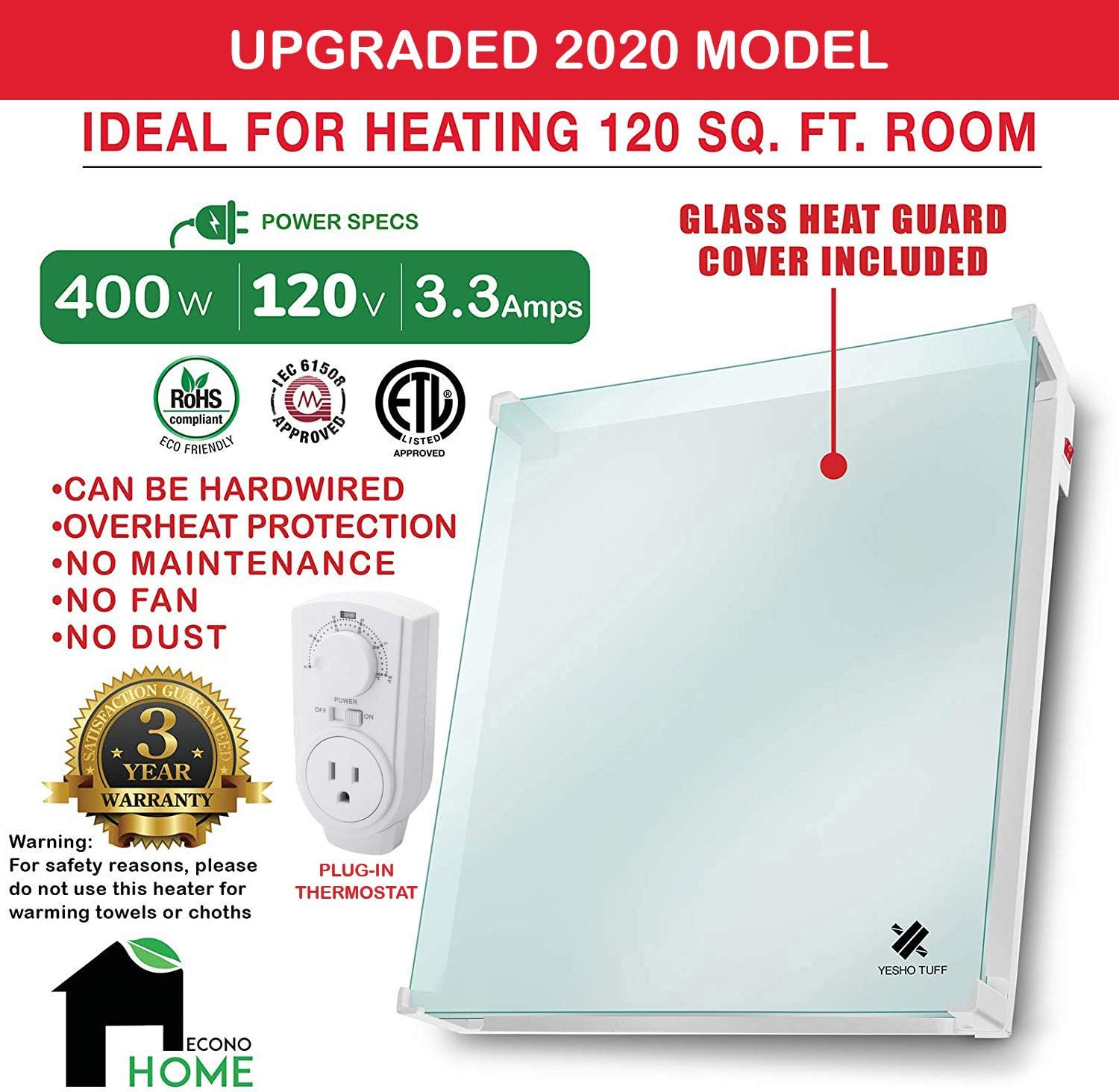Wall Mount Space Heater Panel with Thermostat, 400W Convection Heater for 120 Sq Ft Rooms V983