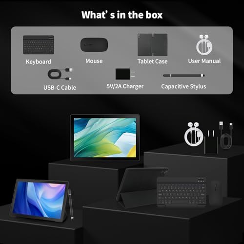 Android Tablet 10.1 Inch IPS HD Touch Screen, Dual Camera, 64GB Storage, 8-in-1 Kit with Keyboard and Case Q7426