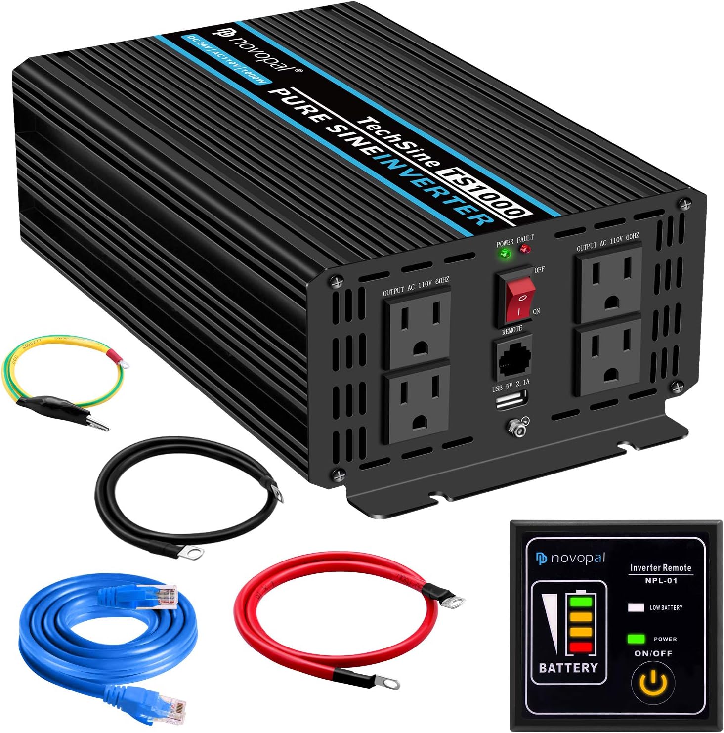 Power Inverter Pure Sine Wave 1000W 24V to 110V AC Converter with 4 Outlets and Remote Control J12881