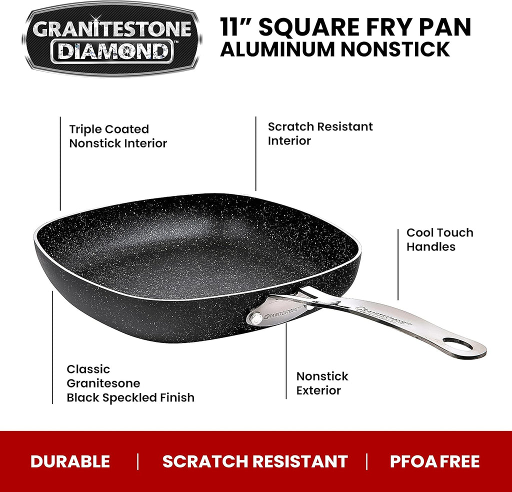 11" Shallow Square Frying Pan Nonstick Skillet, Scratchproof Diamond Infused Coating, Oven Safe Dishwasher Safe D7004