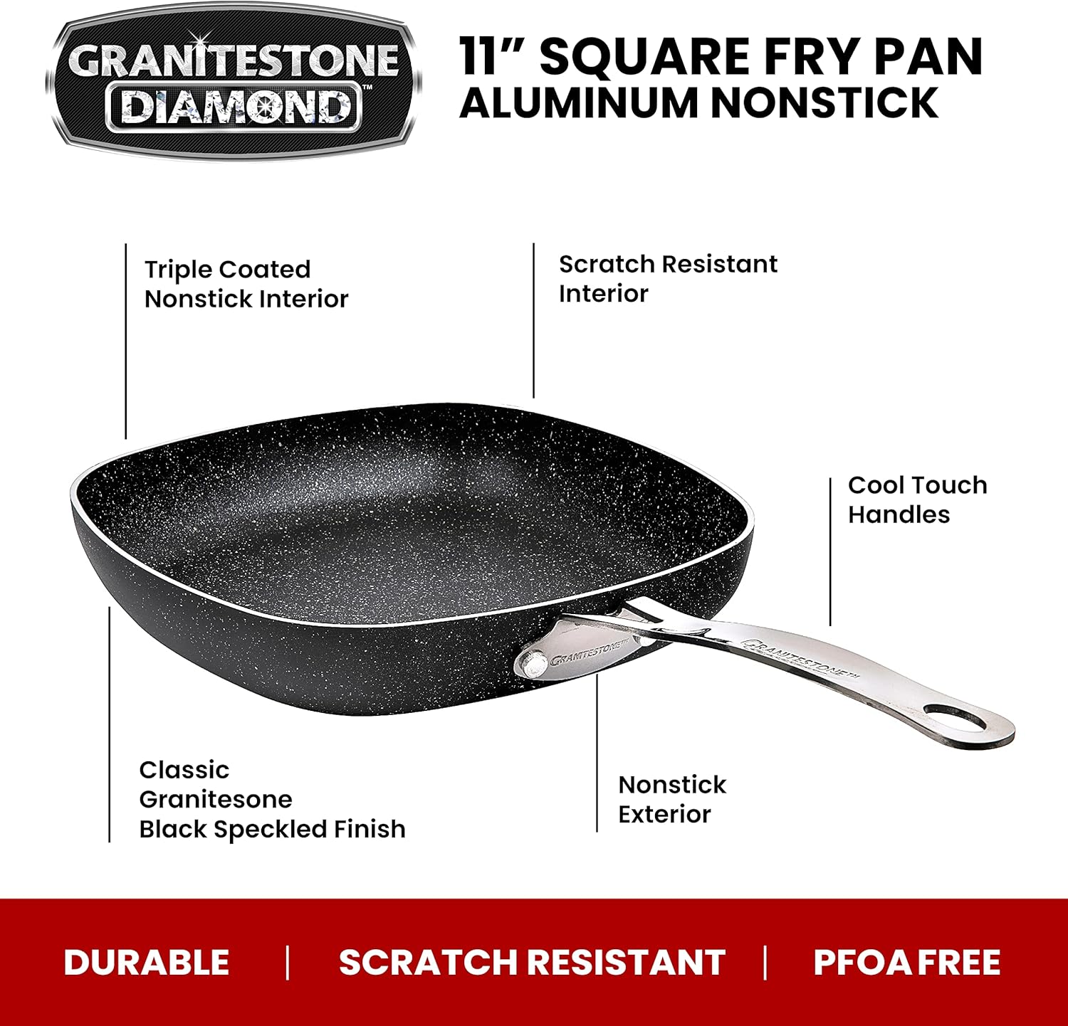11" Shallow Square Frying Pan Nonstick Skillet, Scratchproof Diamond Infused Coating, Oven Safe Dishwasher Safe D7004