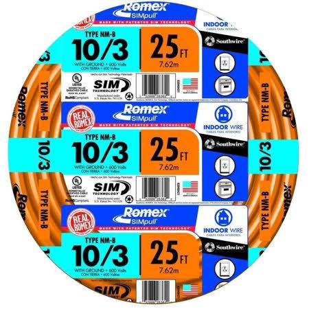 Southwire 63948421 25' 10/3 with Ground Romex Brand SIMpull Residential Indoor Electrical Wire Type NM-B, Orange, Coated in Pate