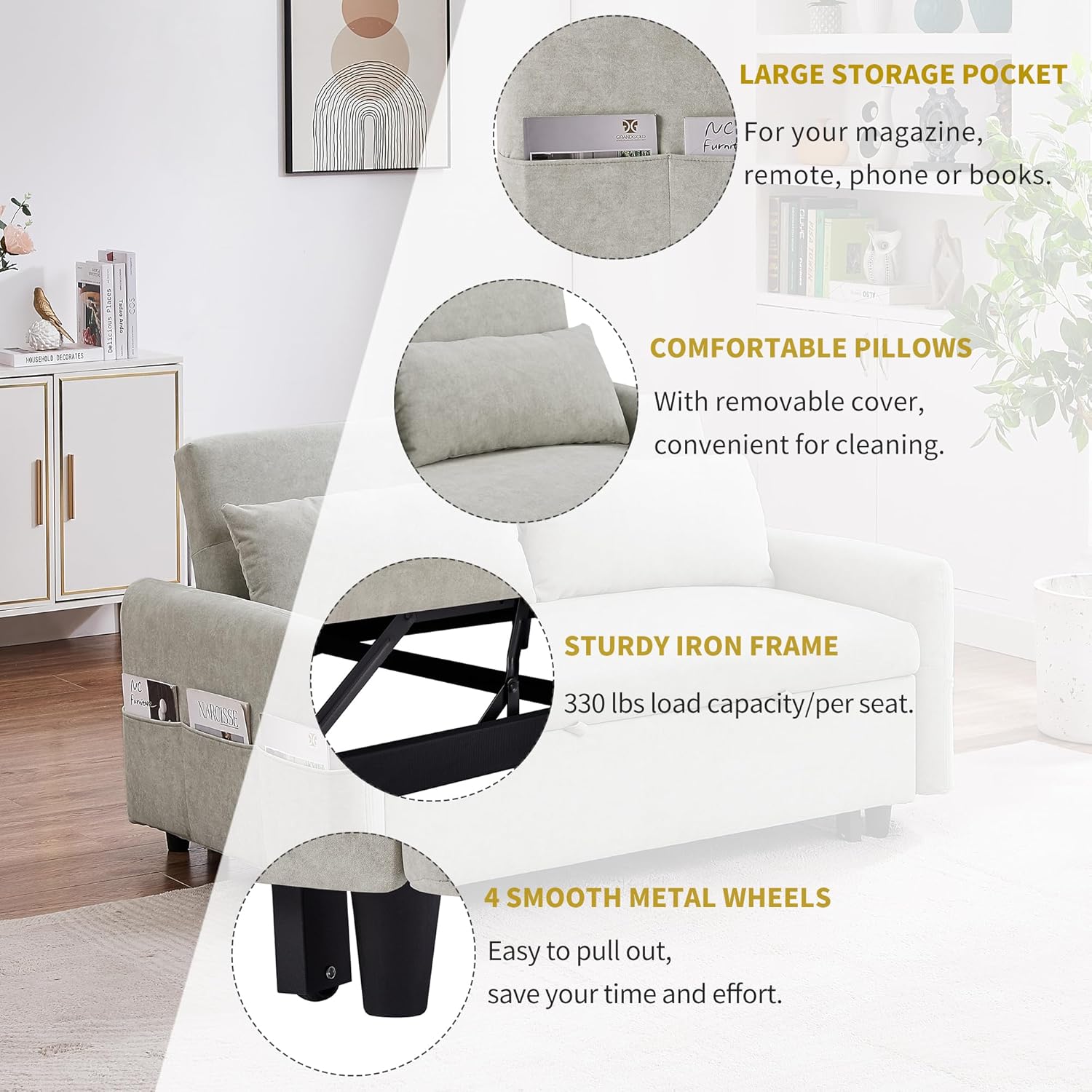 55" Sleeper Sofa with Pull Out Bed, USB Ports, Adjustable Backrest T85682