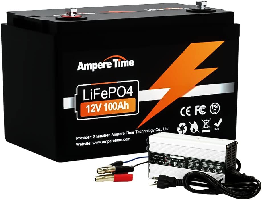 Ampere Time 12V 100Ah LiFePO4 Battery with 14.6V 10A Dedicated Lithium Battery Charger; Built-in 100A BMS, 4000+ Cycles, for RV, Solar, Marine, Overland, Off-Grid Application…