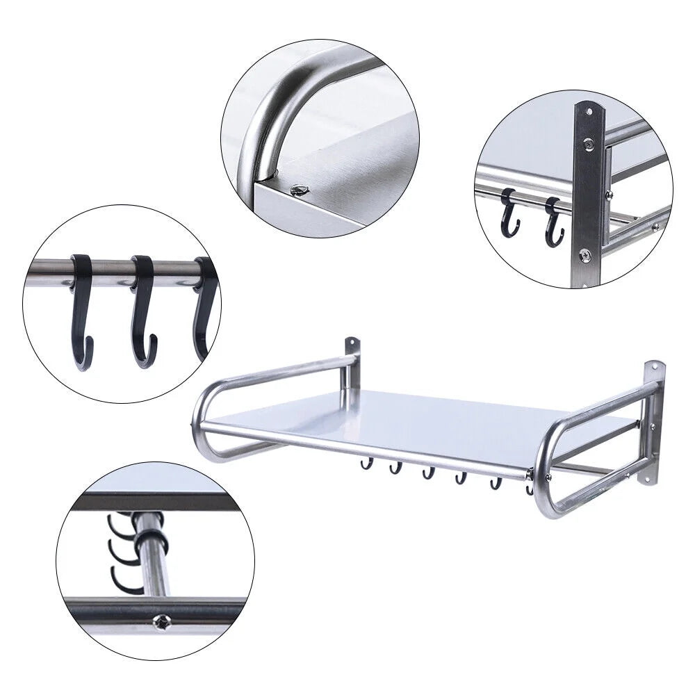 Stainless Steel Wall-Mount Microwave Oven Rack with 6 Hooks R473