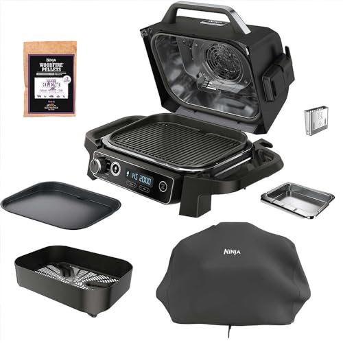 Outdoor Grill & Smoker 7-in-1 Air Fryer with Woodfire Pellets, Portable Electric, Grey K8039