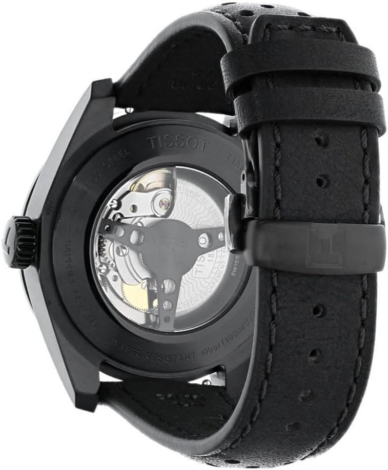 Men's Automatic Watch with Black PVD Steel Case and Leather Strap H499