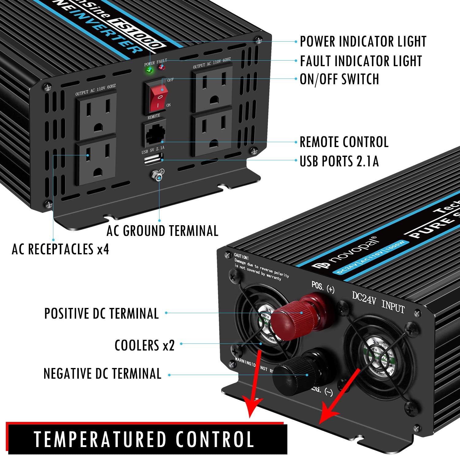 Power Inverter Pure Sine Wave 1000W 24V to 110V AC Converter with 4 Outlets and Remote Control J12881