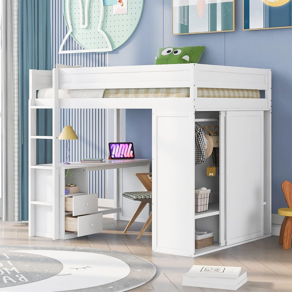 Full Loft Bed with Wardrobe and Desk, White K9891