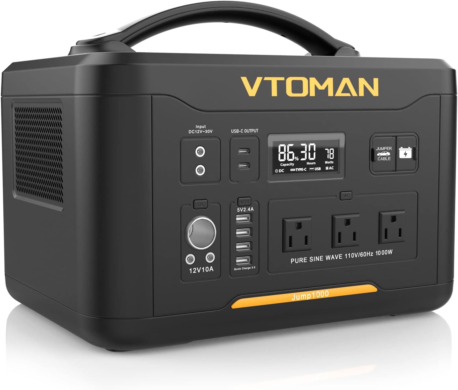 VTOMAN Jump 1000 Portable Power Station 1000W, 1408Wh Jump Starter LiFePO4 Battery Power Generator with 3x1000W(Peak 2000W) AC Outlets/PD 200W/USB QC3.0 for Outdoor RV/Van Camping, Emergency