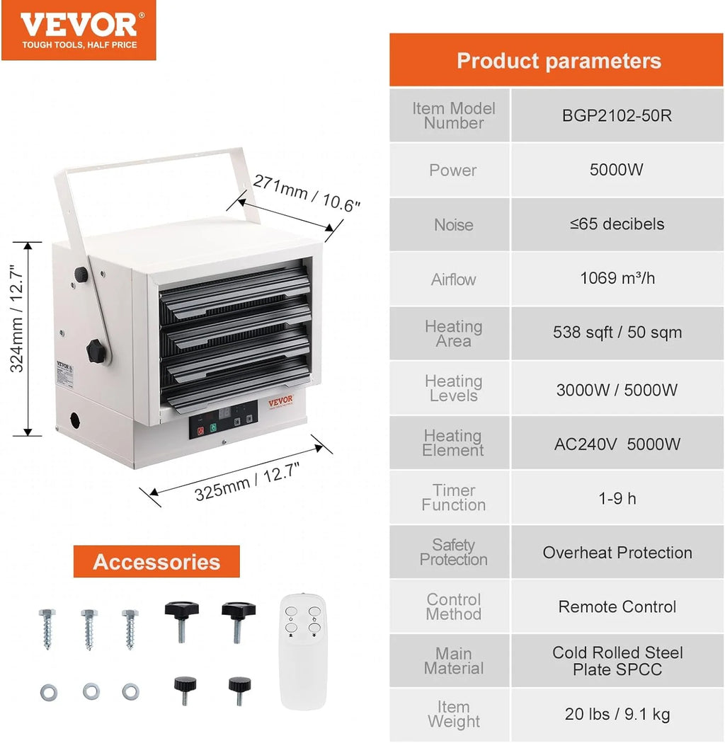 Electric Garage Heater, 5000-Watt Digital Fan-Forced Wall/Ceiling Mount, Remote Control, Overheat Protection, 9-Hour Timer C956