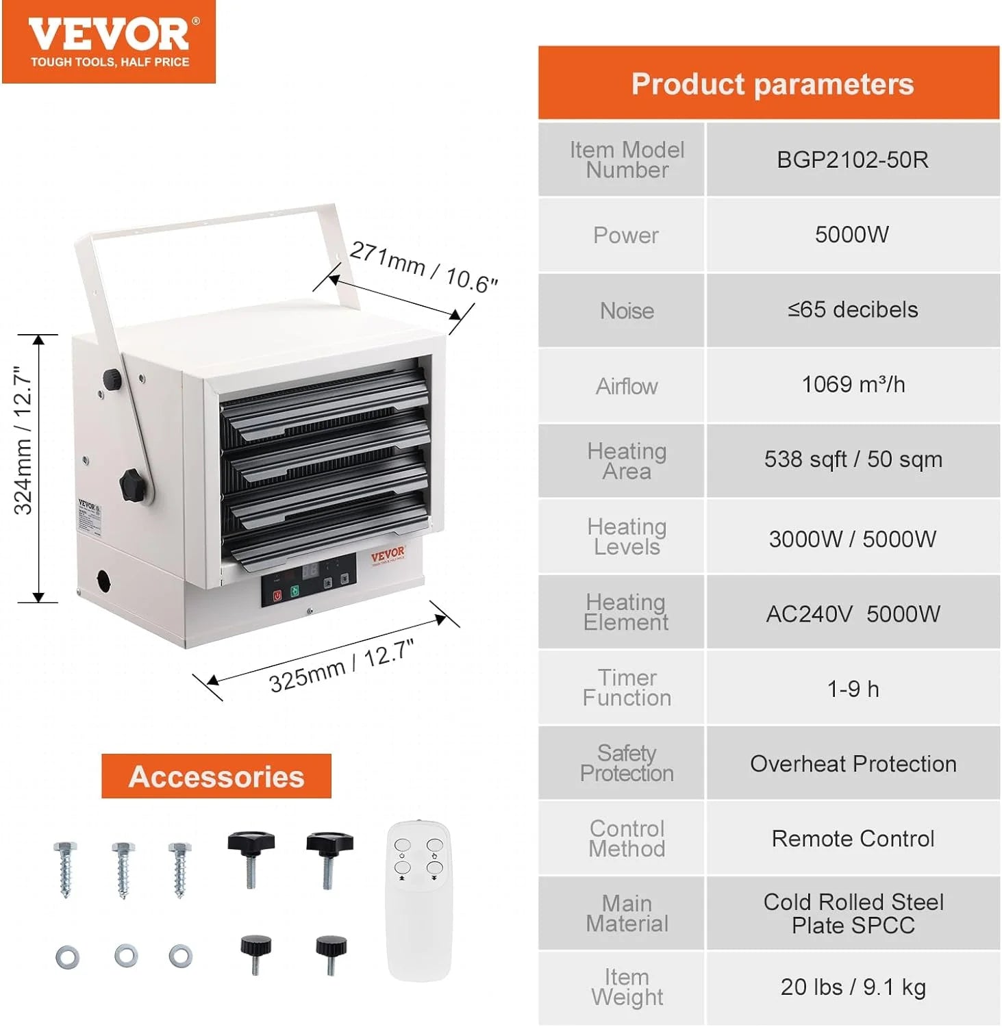 Electric Garage Heater, 5000-Watt Digital Fan-Forced Wall/Ceiling Mount, Remote Control, Overheat Protection, 9-Hour Timer C956