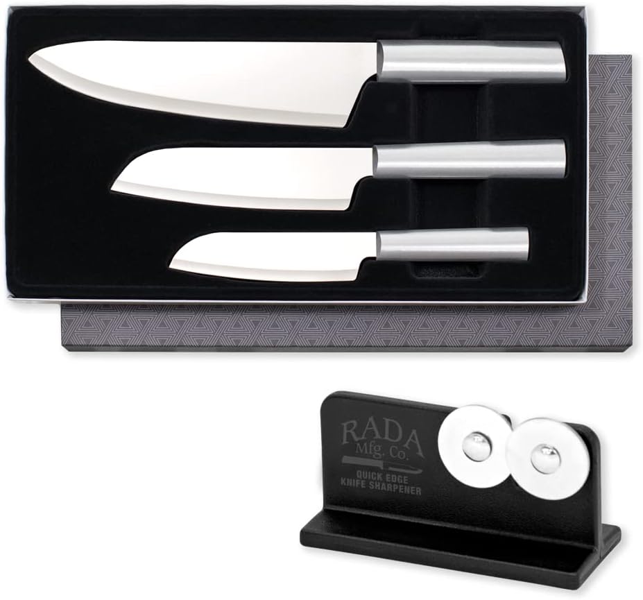 RADA Chef Select 3-Piece Large Knife Set – Stainless Steel Culinary Knives With Aluminum Handles and Knife Sharpener