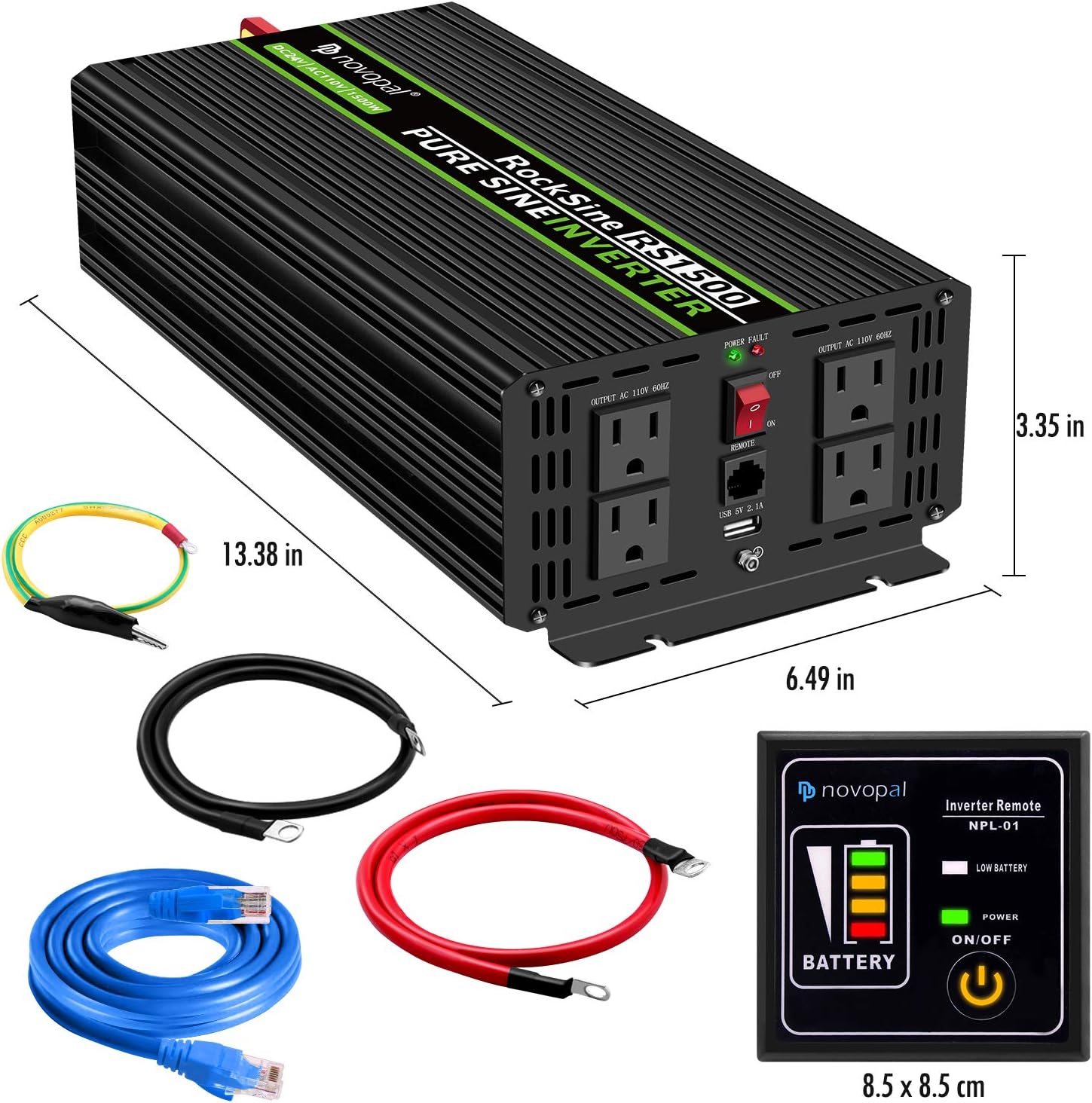 Power Inverter Pure Sine Wave 1000W 24V to 110V AC Converter with 4 Outlets and Remote Control J12881