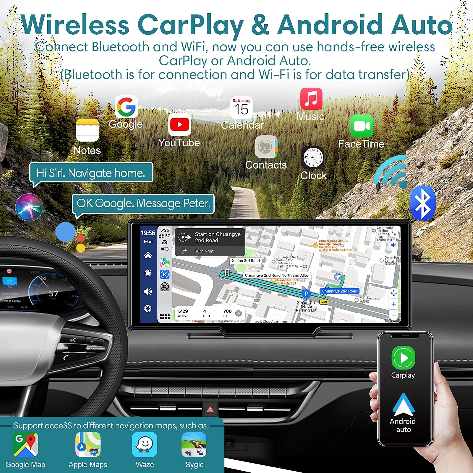 Wireless Carplay Screen with Dash Cam and Backup Camera V22100