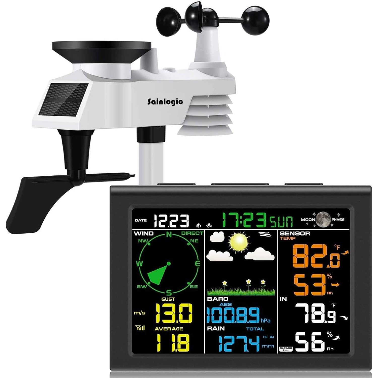 Sainlogic Wireless Weather Station with Outdoor Sensor, 8-in-1 Weather Station with Weather Forecast, Temperature, Air Pressure, Humidity, Wind Gauge, Rain Gauge, Moon Phrase, Alarm Clock (Black)
