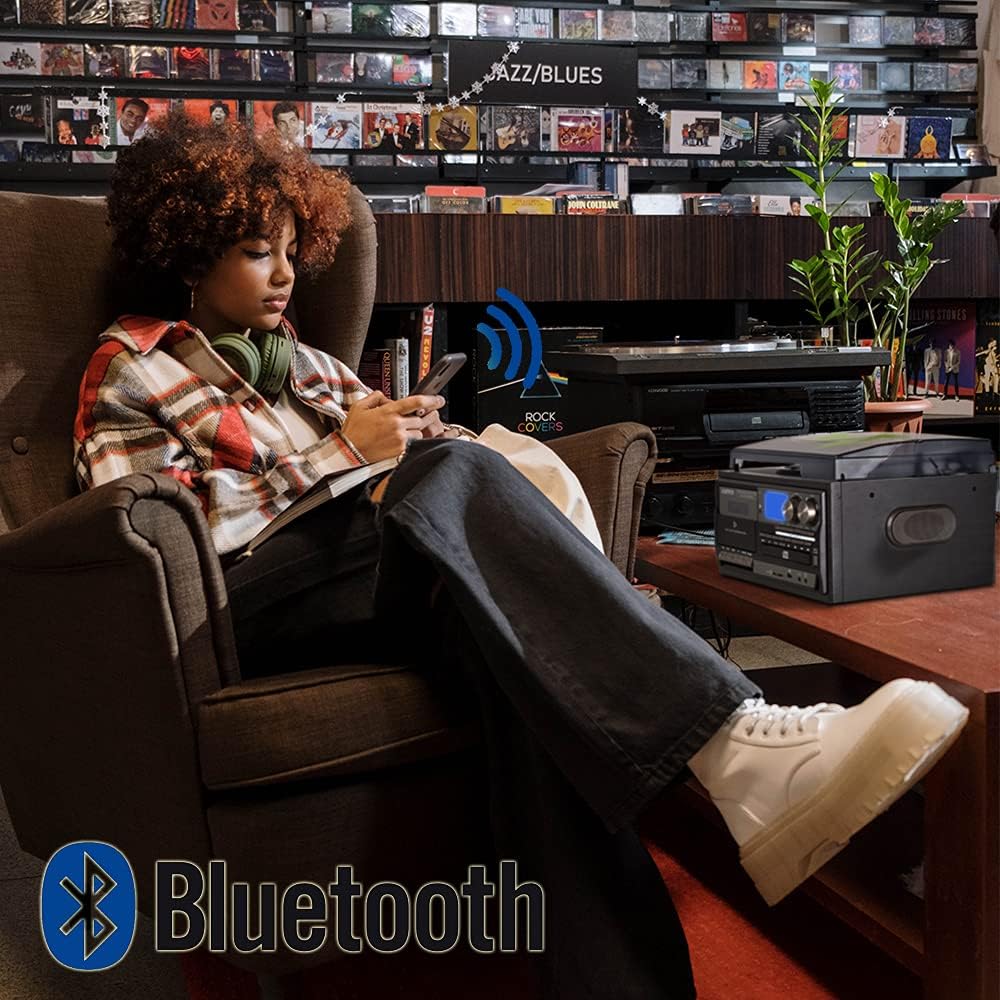 Vinyl Record Player 3 Speed Bluetooth Turntable with CD Cassette Radio USB I3998