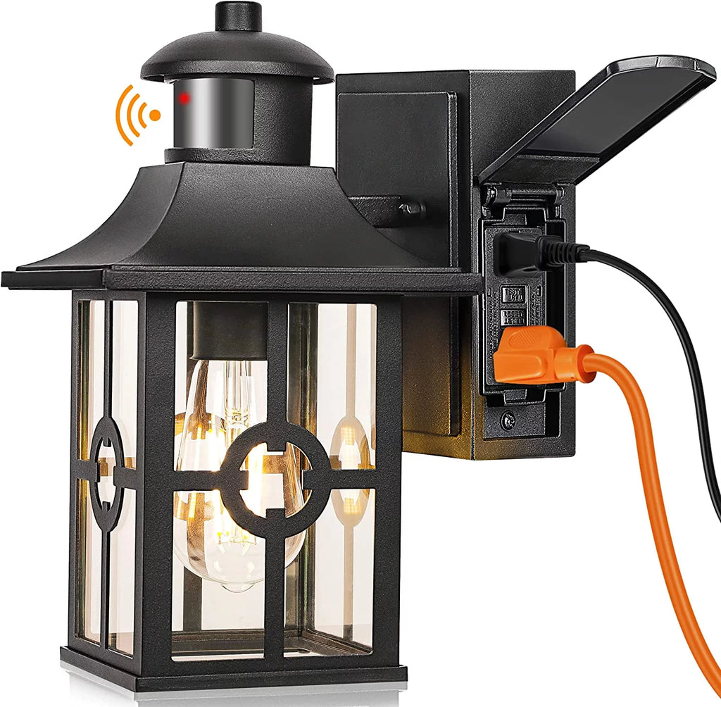 Outdoor Motion Sensor Porch Light with 2 GFCI Outlets Dusk to Dawn Wall Light Waterproof Aluminum