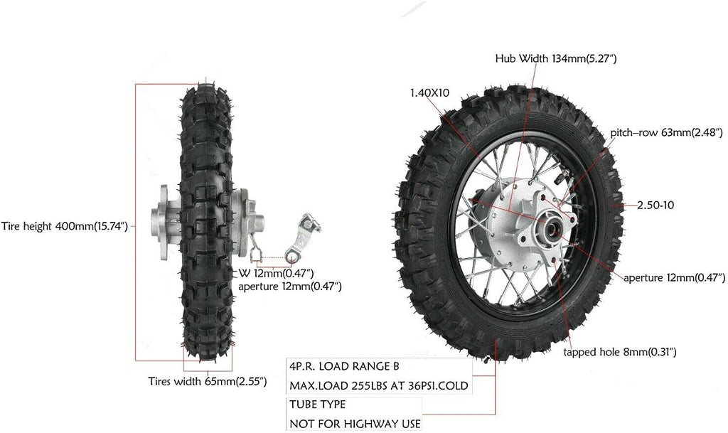 10" Rear Wheel Tire Assembly for 50-110cc Dirt Pit Bike D969