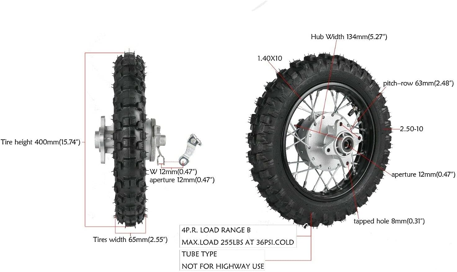 10" Rear Wheel Tire Assembly for 50-110cc Dirt Pit Bike D969