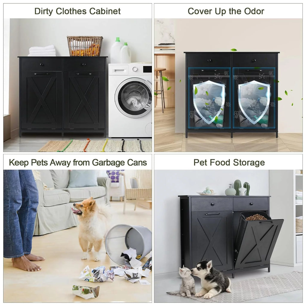 Double Tilt Out Trash Cabinet Freestanding Kitchen Recycling Garbage Can Holder with Drawers A885