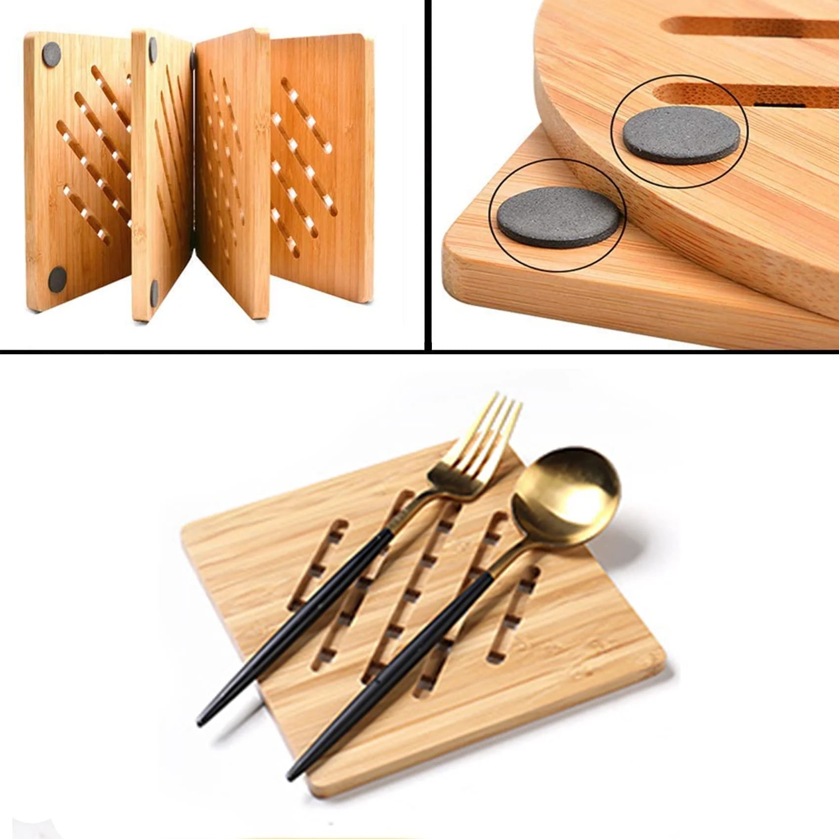Bamboo Trivet Mat Set for Hot Pots Dishes Bowls, 8 Pack Heat Resistant with 2 Holders U66933