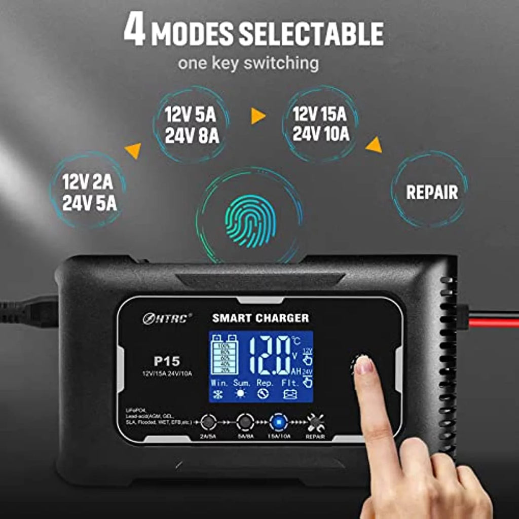 15-Amp Fully-Automatic Smart Charger, 12V and 24V Battery Charger, Lead-Acid and LiFePO4 O484171