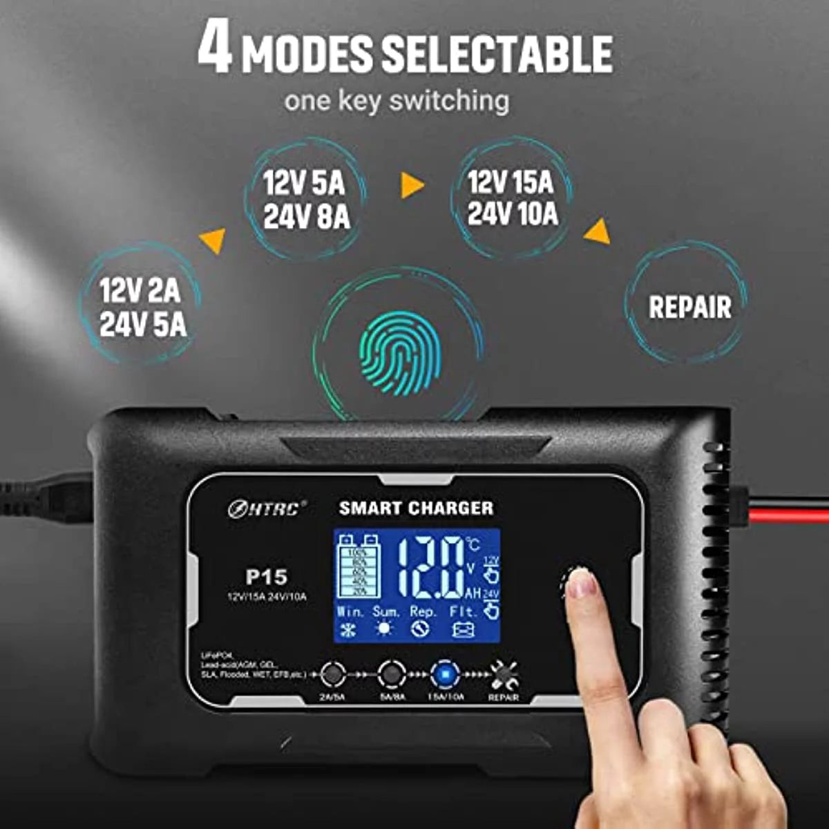 15-Amp Fully-Automatic Smart Charger, 12V and 24V Battery Charger, Lead-Acid and LiFePO4 O484171