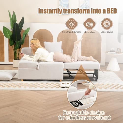3-in-1 Sleeper Sofa Chair Bed with 2 Throw Pillows, Beige N826777