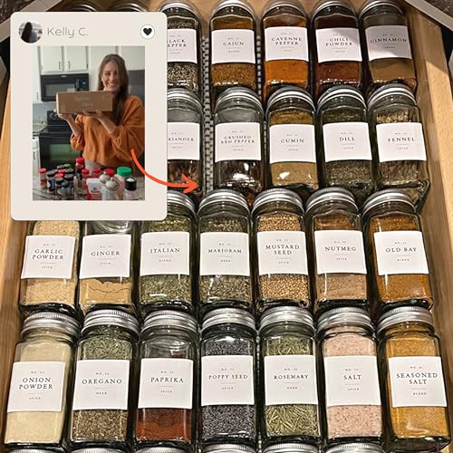 Glass Spice Jars with Labels and Organizer, 4 oz Empty Containers with Shaker Lids P7440