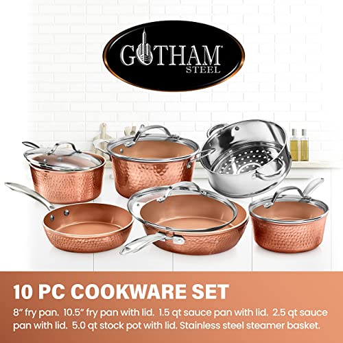 Hammered Copper 10-Piece Nonstick Cookware Set with 12-Inch Skillet I9489