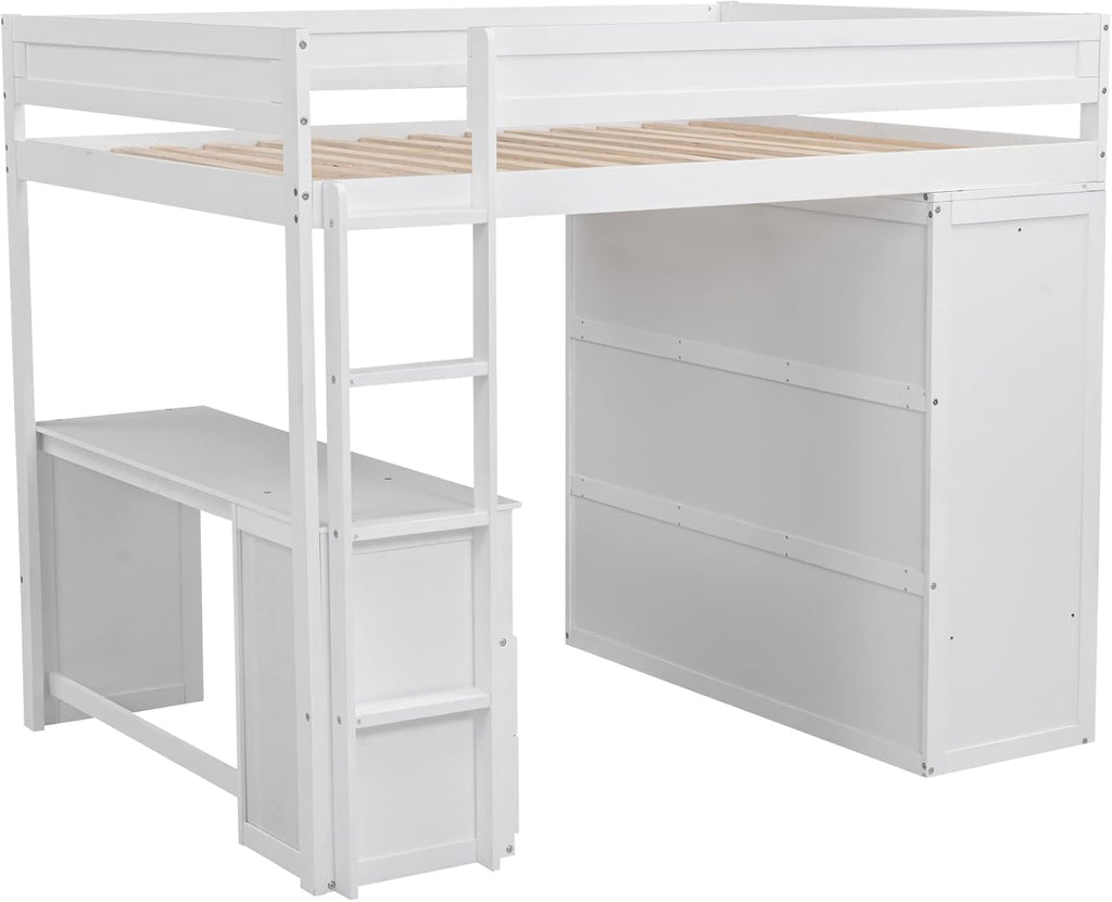Full Loft Bed with Wardrobe and Desk, White K9891