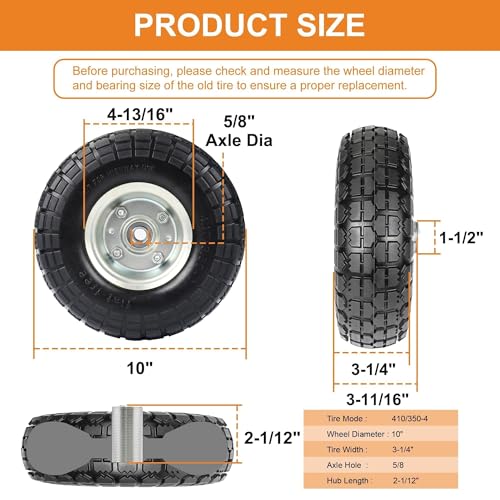 10 Inch Flat Free Solid Rubber Hand Truck Wheels with 5/8 Inch Axle, 2 Pack K2905