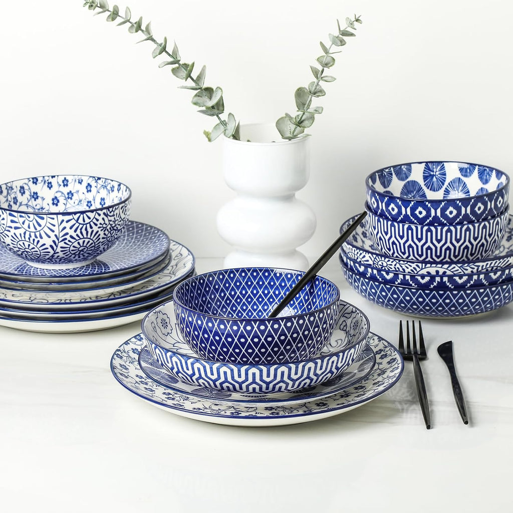 10 inch Porcelain Dinner Plates with 16-Piece Dinnerware Set, Vintage Blue W1400