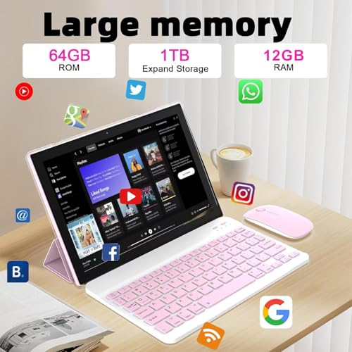 Tablet 10 inch with Keyboard Case, 12GB RAM, 1280x800 IPS HD Touch Screen E354