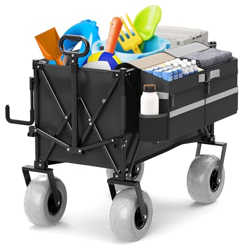 Beach Wagon with Big Wheels for Sand,Heavy Duty Collapsible Wagon with All-Terrain 9" Pneumatic Tires and Detachable Cooler, Utility Beach Cart for Garden Sports Camping Activities